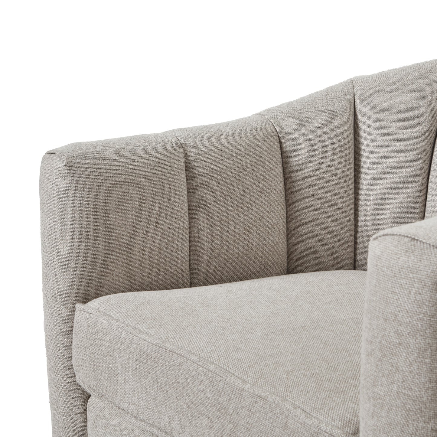 Close-up of a gray upholstered chair with a white background