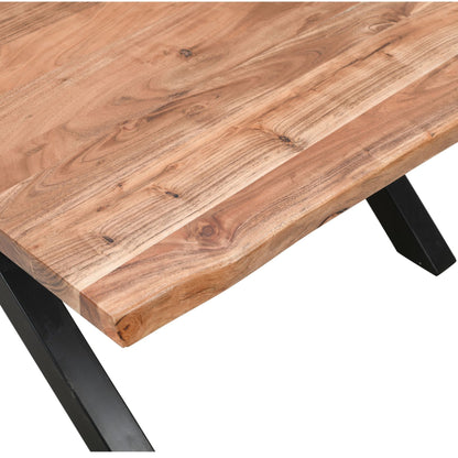 Wooden table with black metal legs on a white background