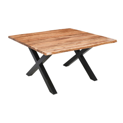 Wooden table with black metal legs on a white background