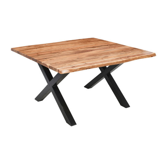 Wooden table with black metal legs on a white background