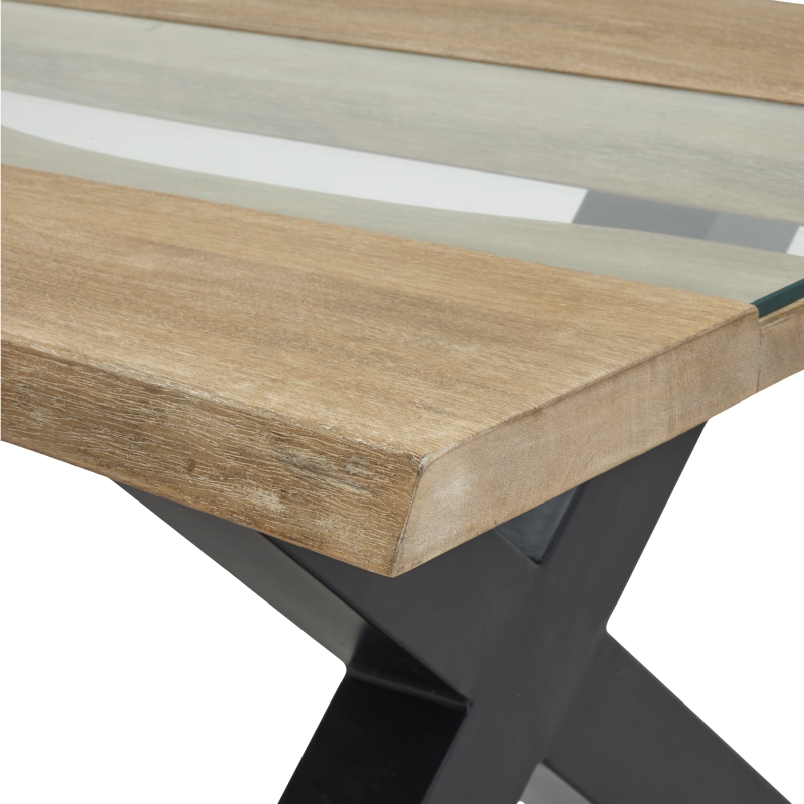 Wooden table with a striped pattern on top and black metal legs.