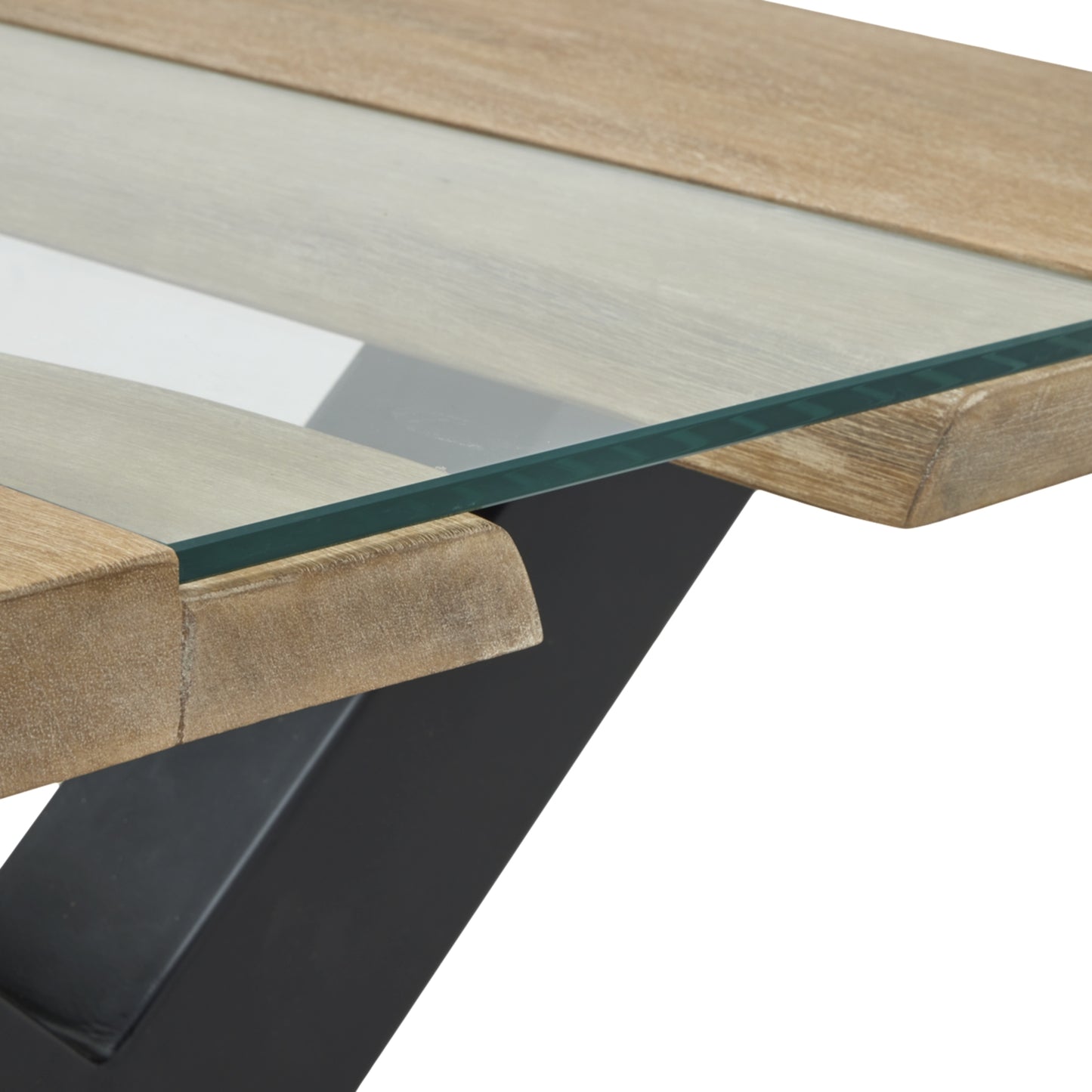 Glass-top dining table with wooden frame and black metal legs on a white background
