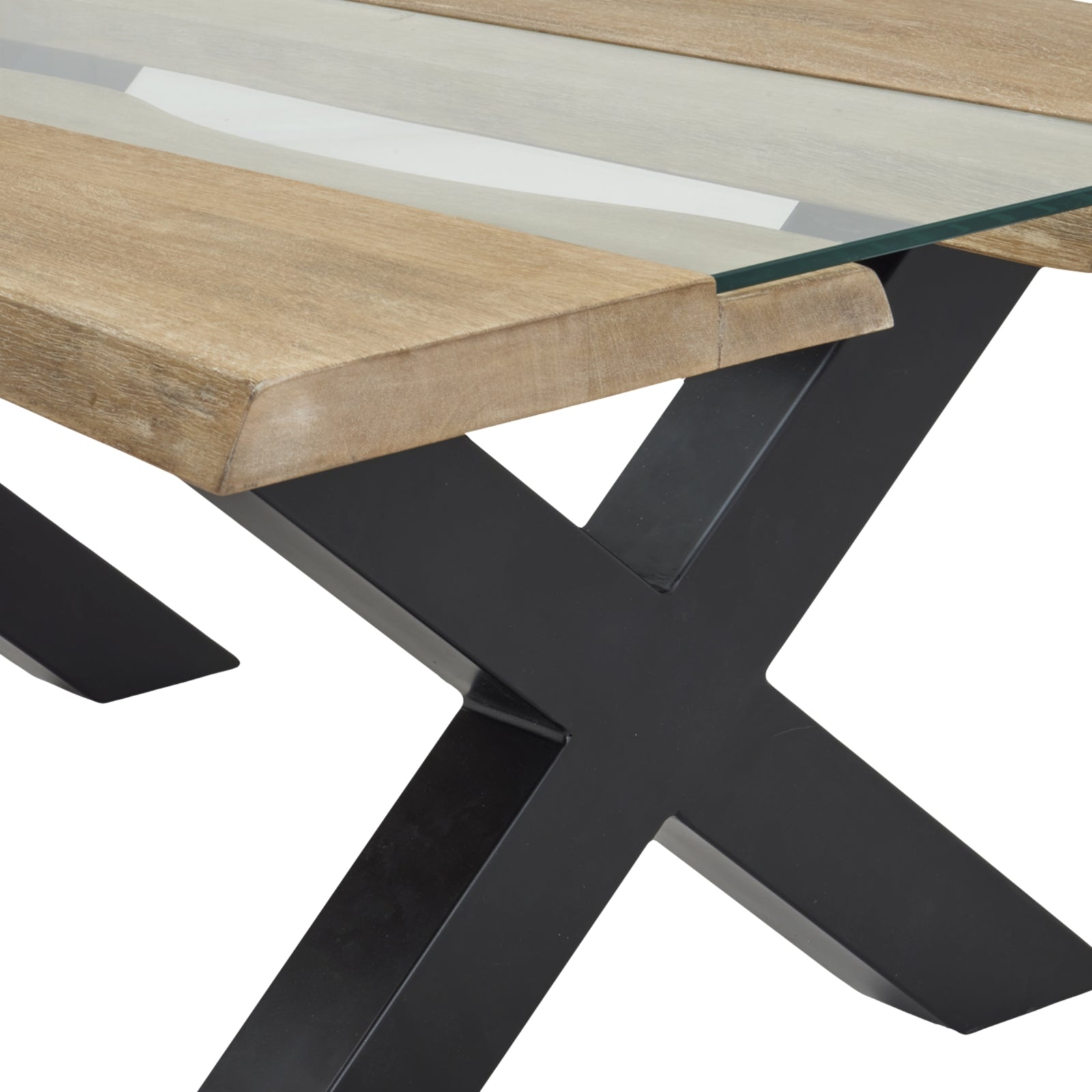 Close-up of a table with wooden top and black metal legs on a white background