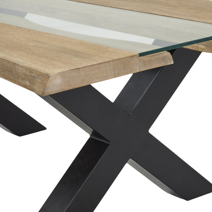 Close-up of a table with wooden top and black metal legs on a white background