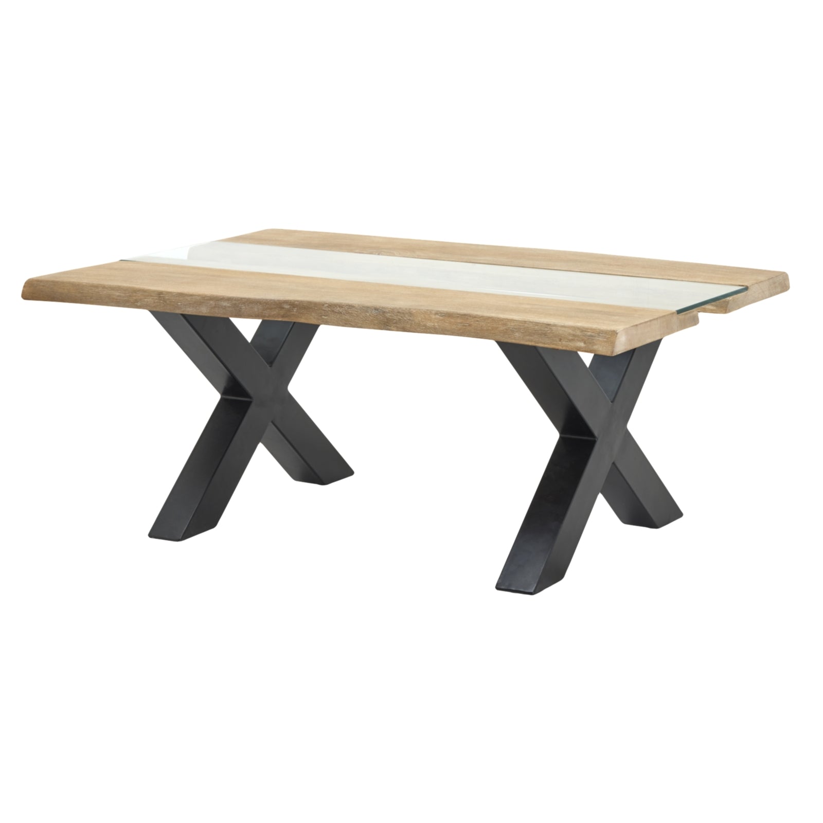 Dining table with wooden top and black metal legs on a white background