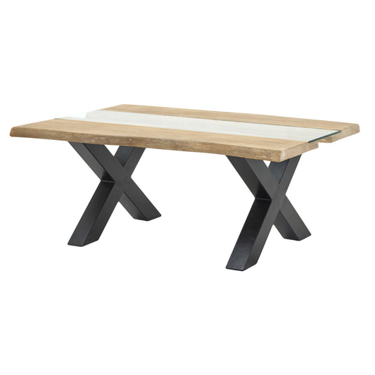 Dining table with wooden top and black metal legs on a white background