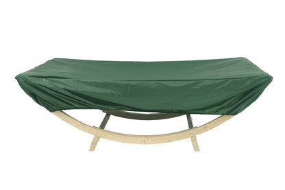 Green cover on a wooden outdoor swing against a white background