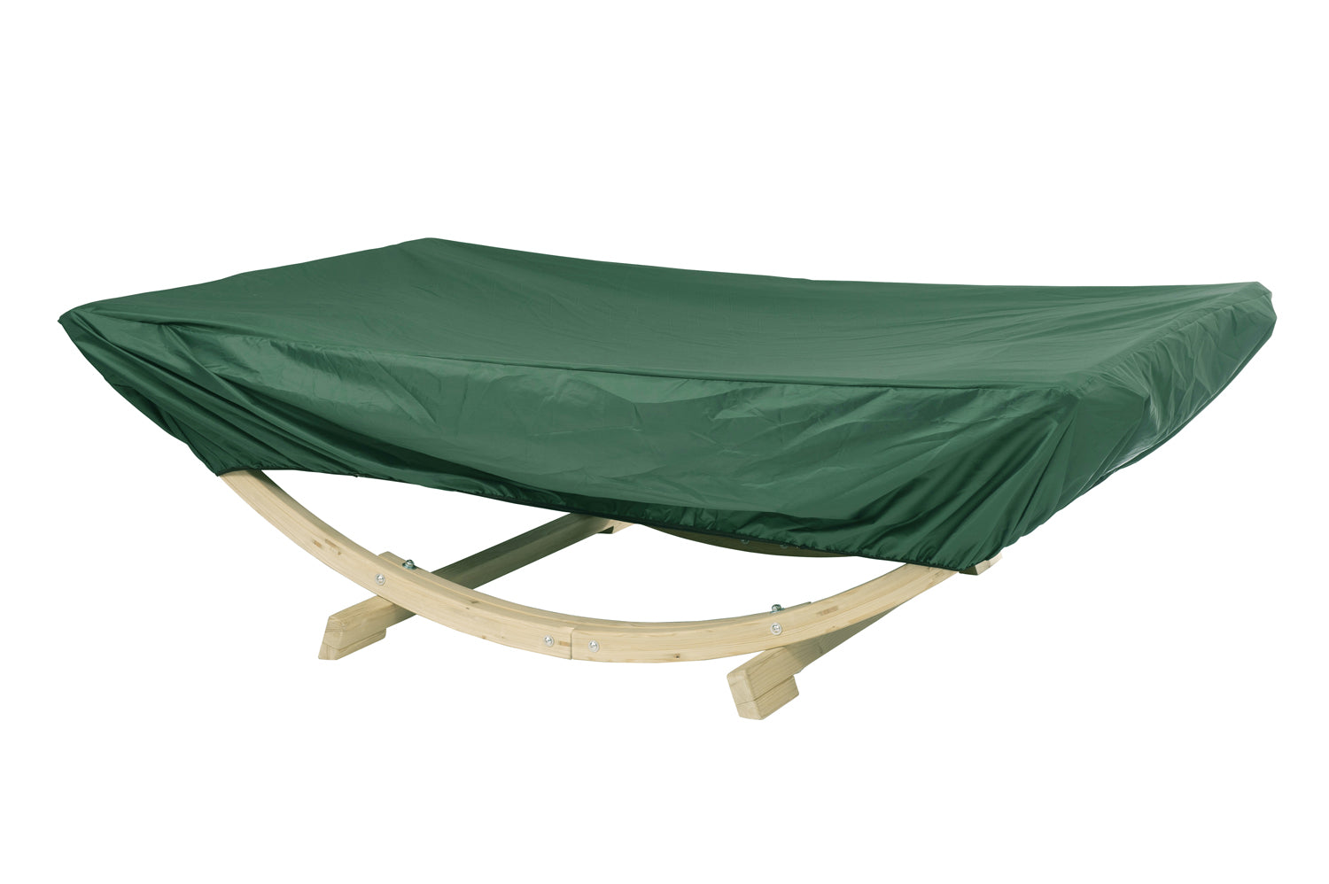 Green hammock cover on a wooden hammock against a white background