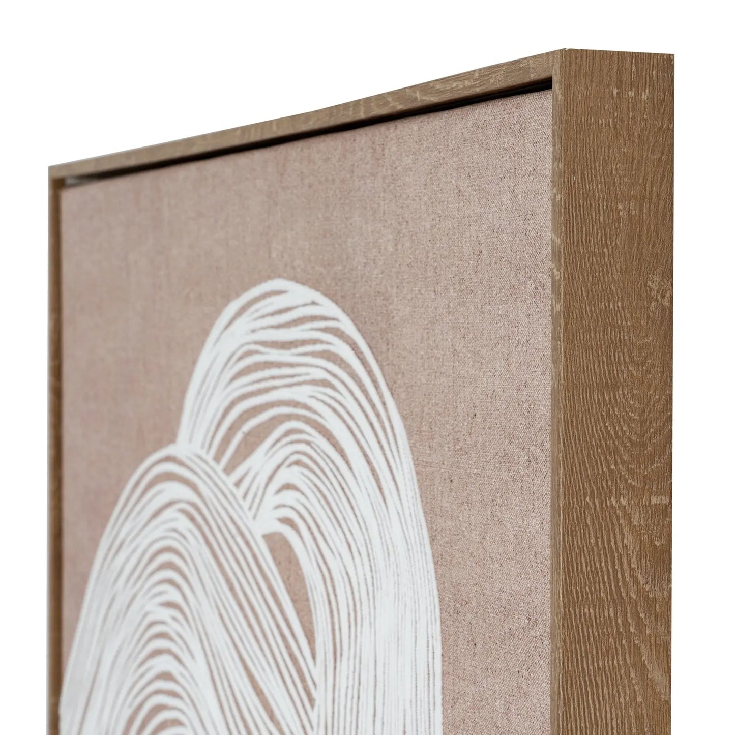 Framed artwork with abstract white lines on a beige background