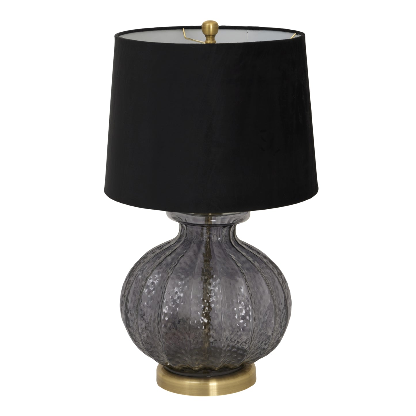 Table lamp with black shade and textured glass base on a white background