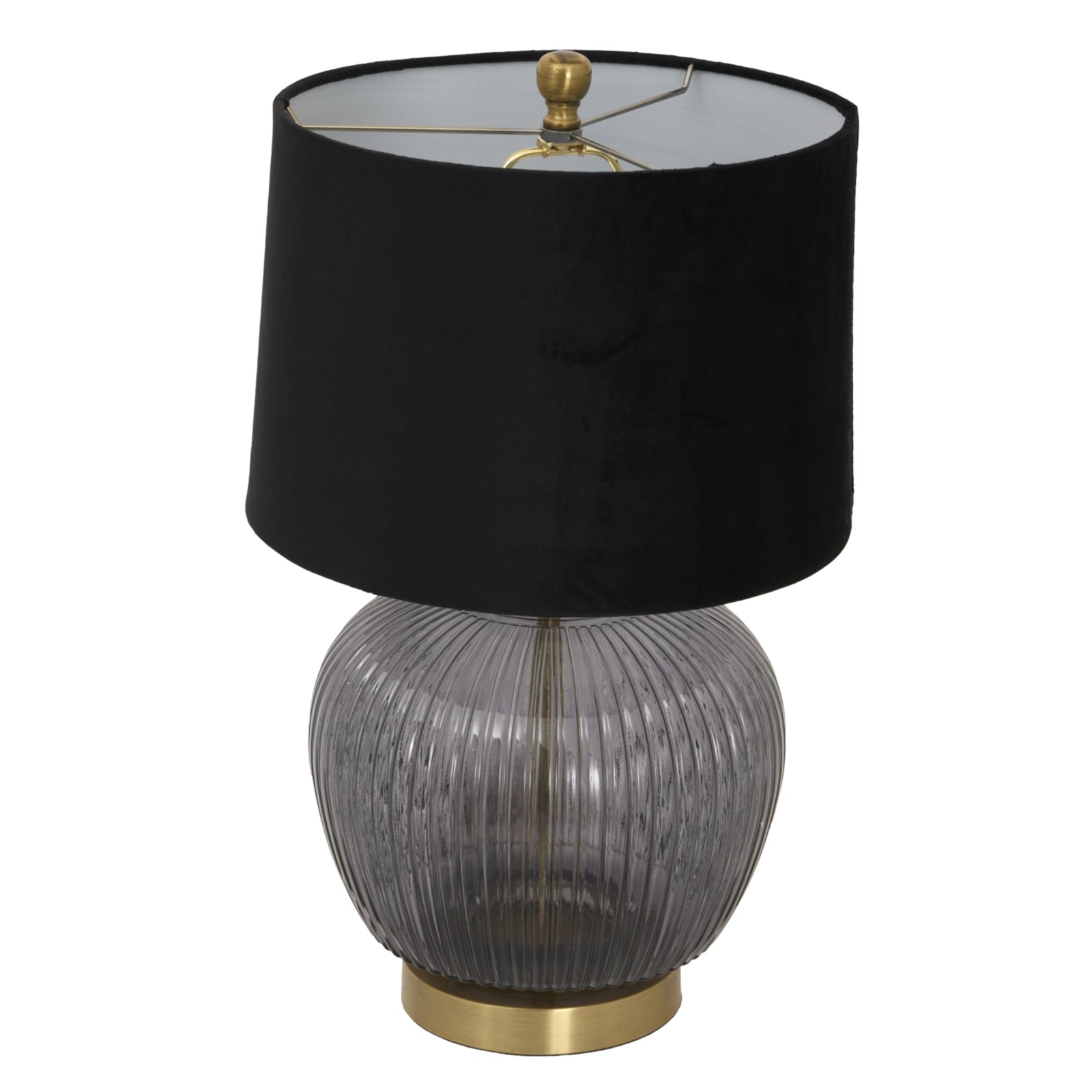 Table lamp with black shade, ribbed glass base, and gold accents on a white background