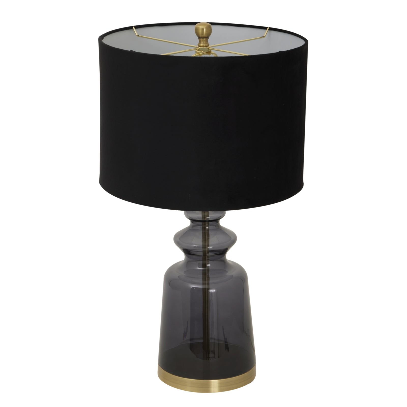 Table lamp with black shade and smoked glass base on a white background