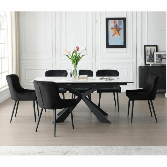 Luxury Indus Valley Kia Ceramic Extending Dining Table + 6 Black Chairs, Seats 6-8