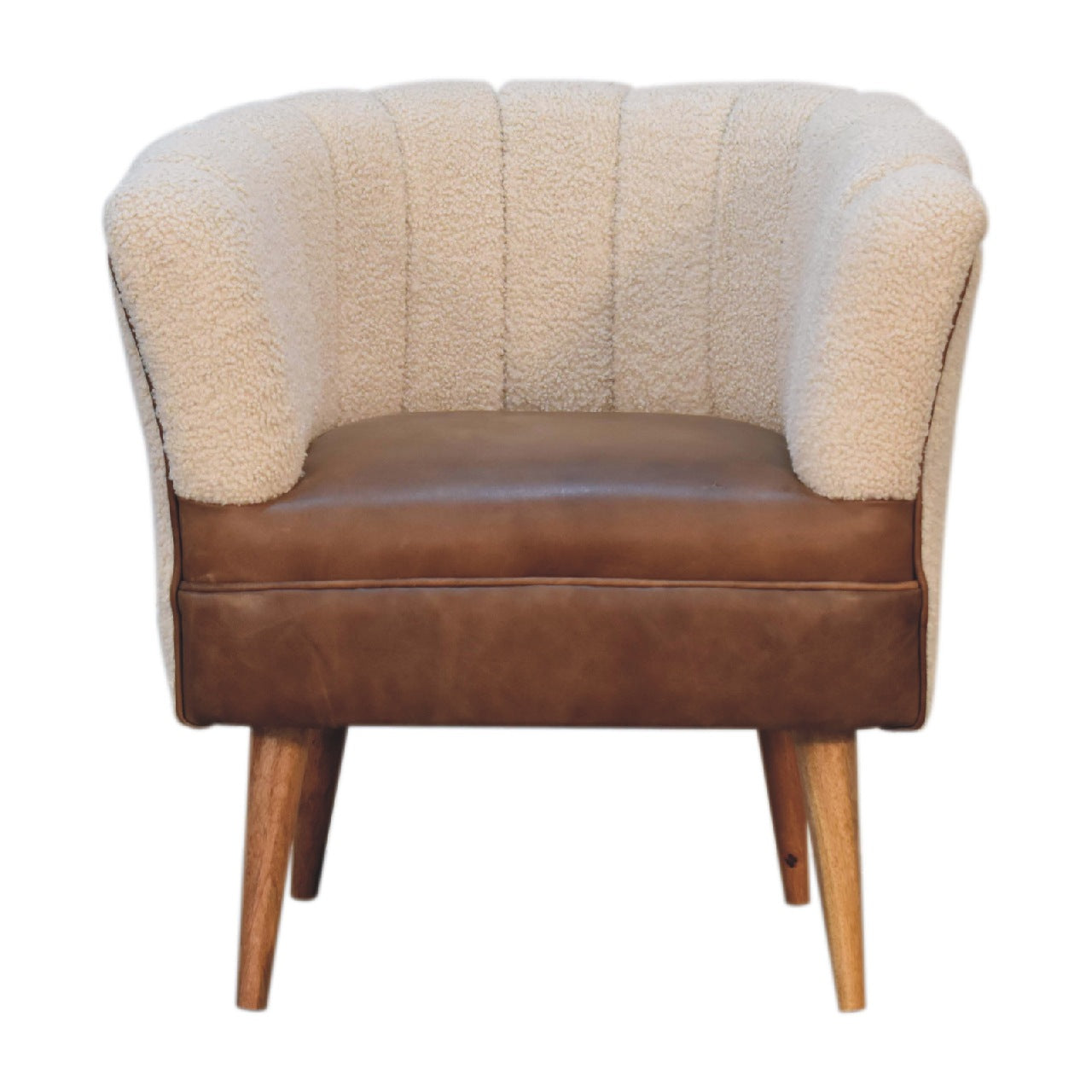 Luxury designer Bouclé Handwoven Upholstered Armchair with Buffalo Hide Seat &amp; Solid Oak Finish Legs