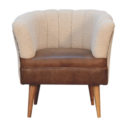 Luxury designer Bouclé Handwoven Upholstered Armchair with Buffalo Hide Seat &amp; Solid Oak Finish Legs