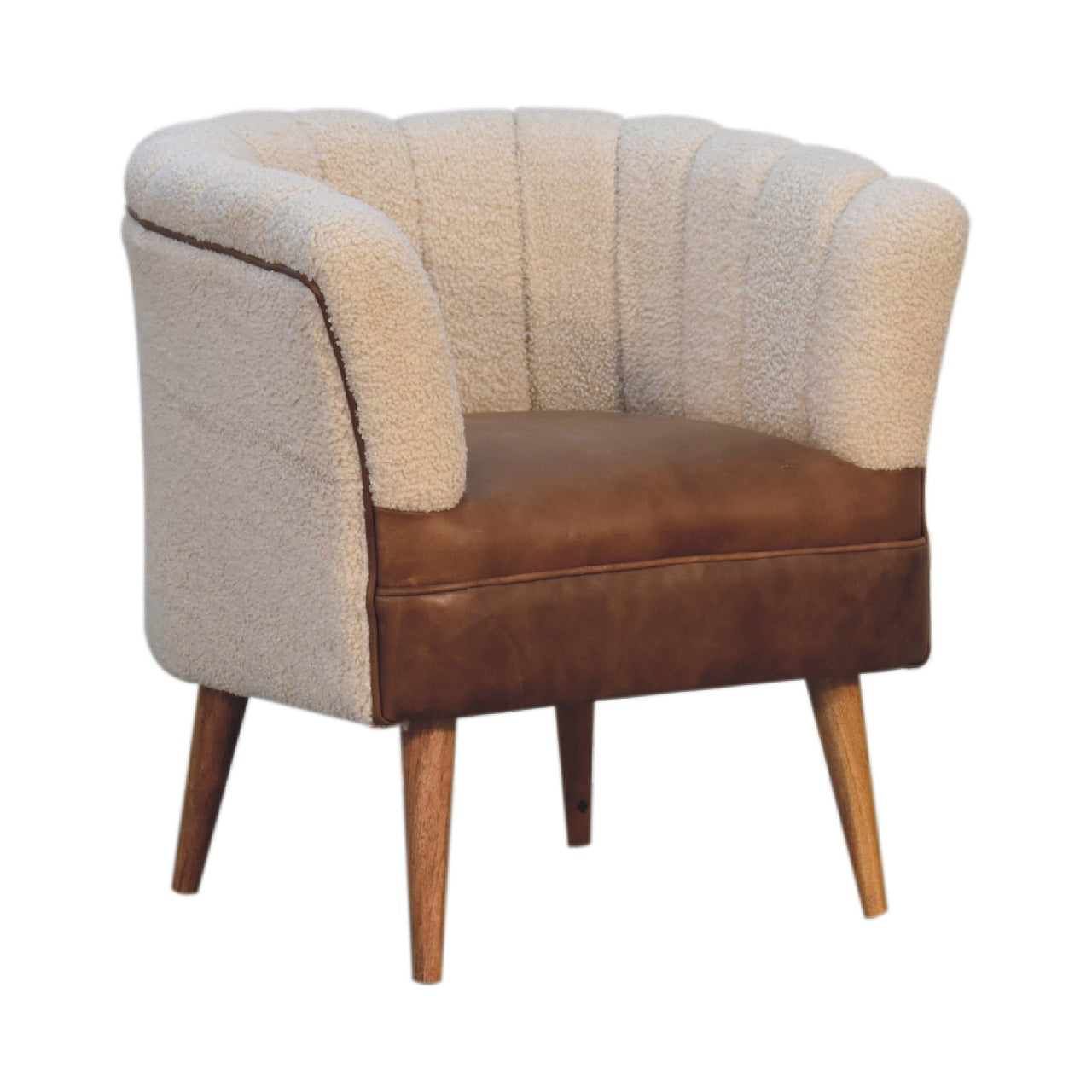 Luxury designer Bouclé Handwoven Upholstered Armchair with Buffalo Hide Seat &amp; Solid Oak Finish Legs