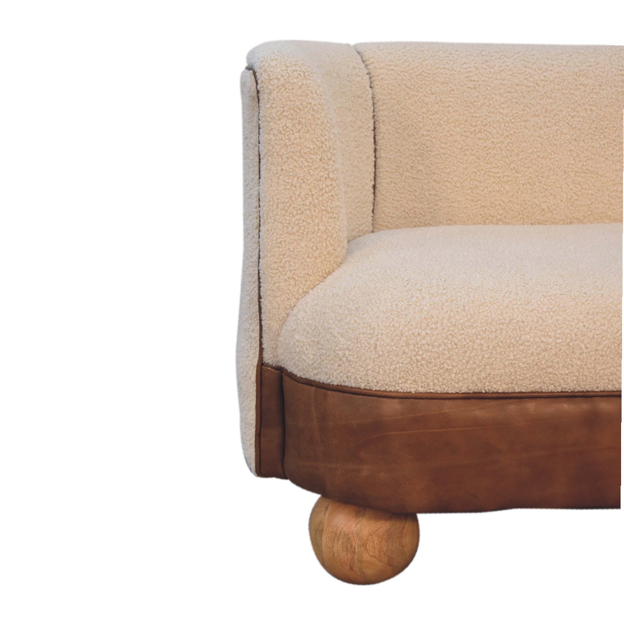Luxury designer Bouclé Handwoven Upholstered Sofa with Buffalo Hide Seat &amp; Solid Oak Finish Legs
