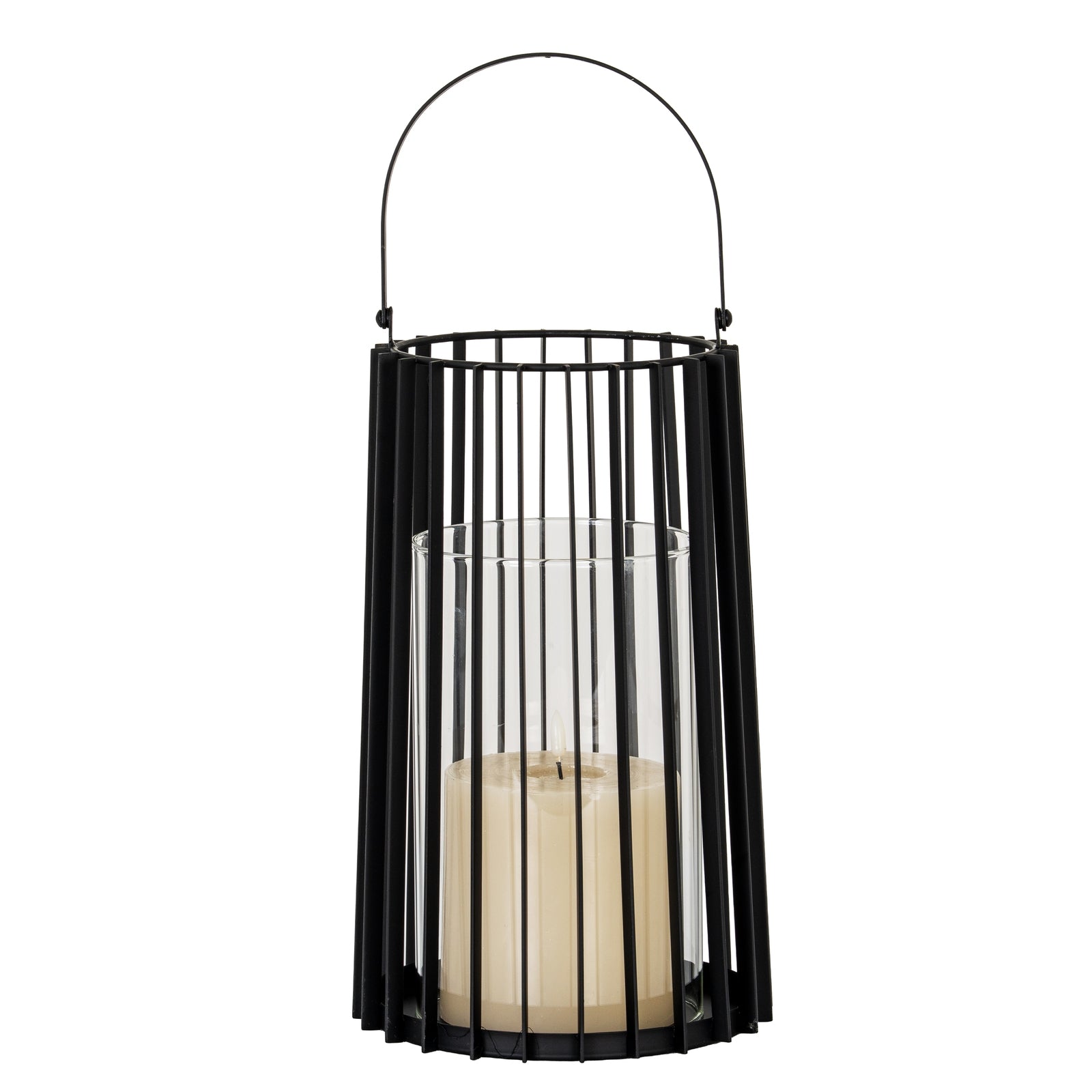 Black metal lantern with a candle inside on a white background