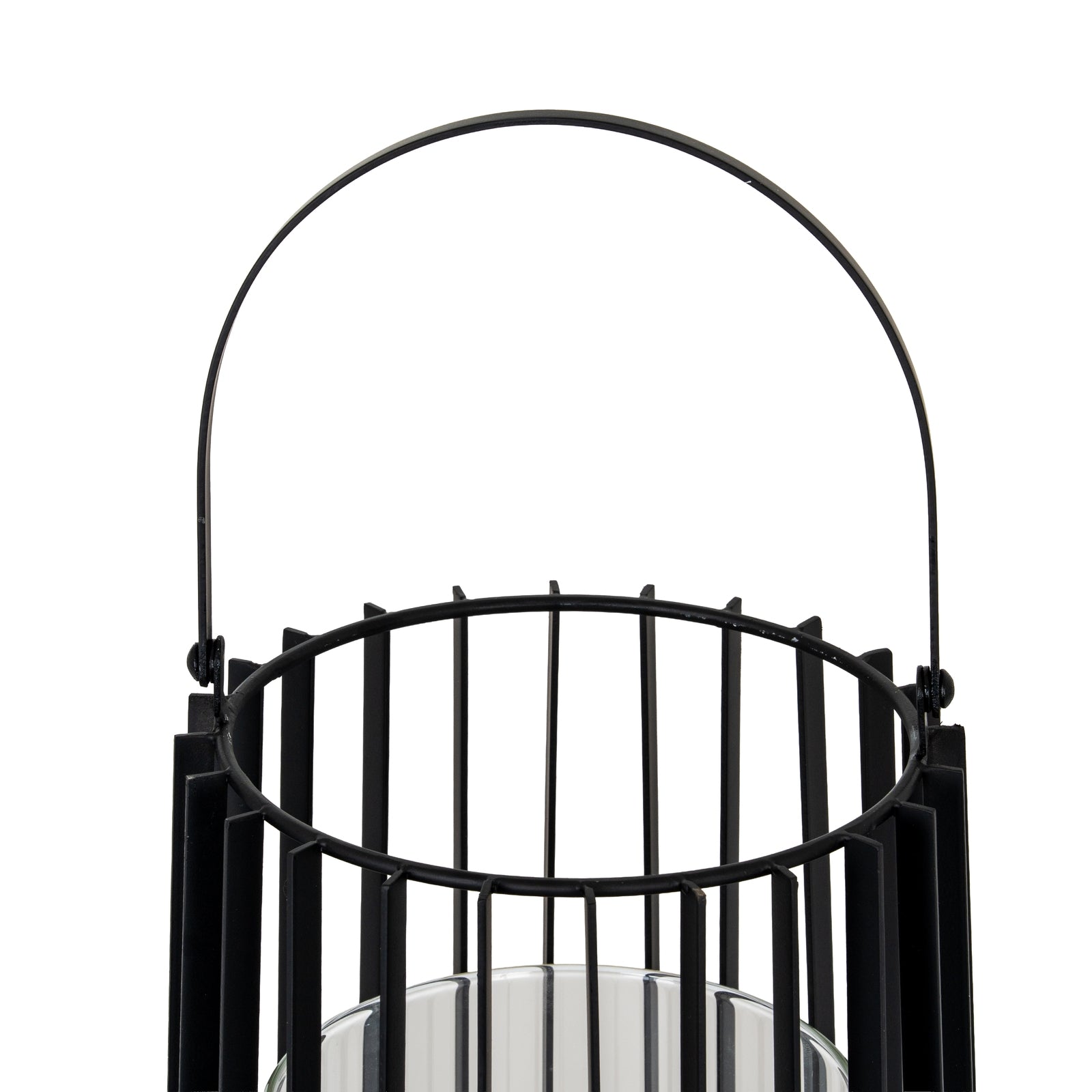 Black metal lantern with glass insert on a white background