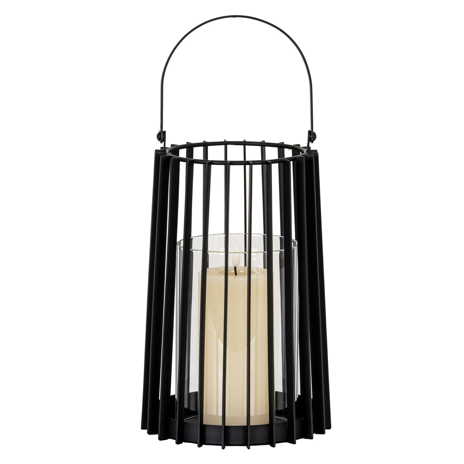 Black metal lantern with a candle inside on a white background