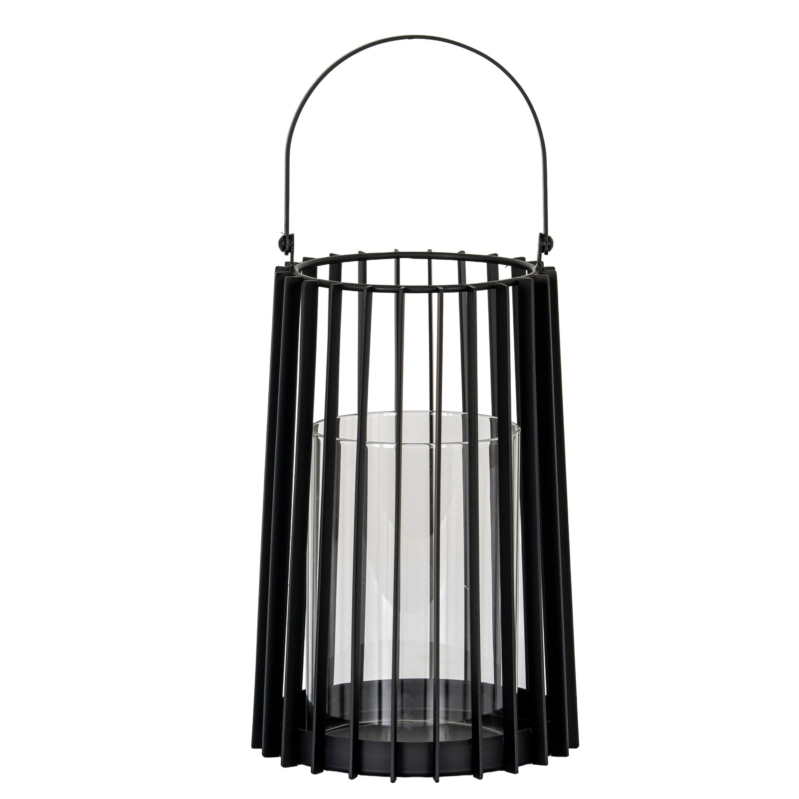Black metal lantern with a clear glass container on a white background
