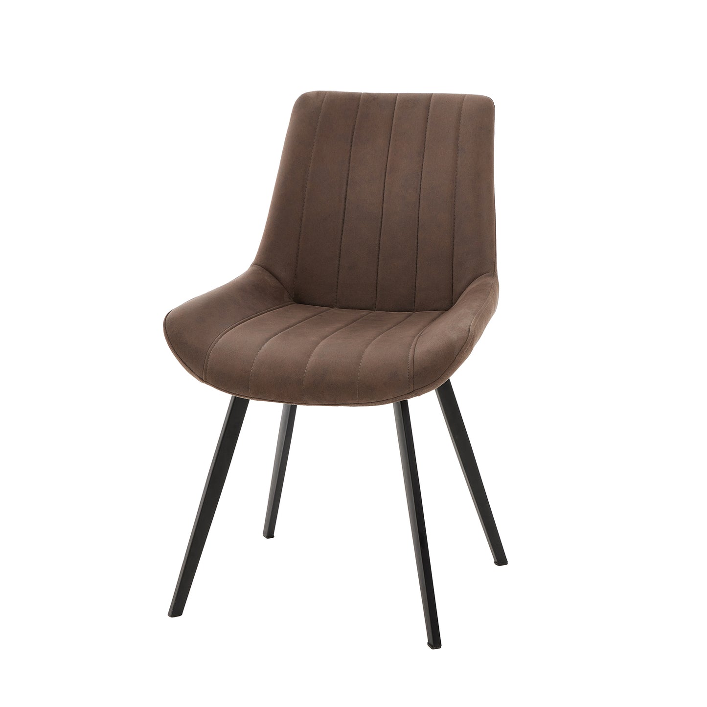 Brown upholstered chair with black legs on a white background