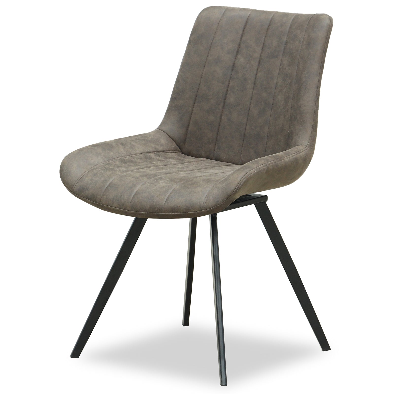Brown upholstered chair with black metal legs on a white background