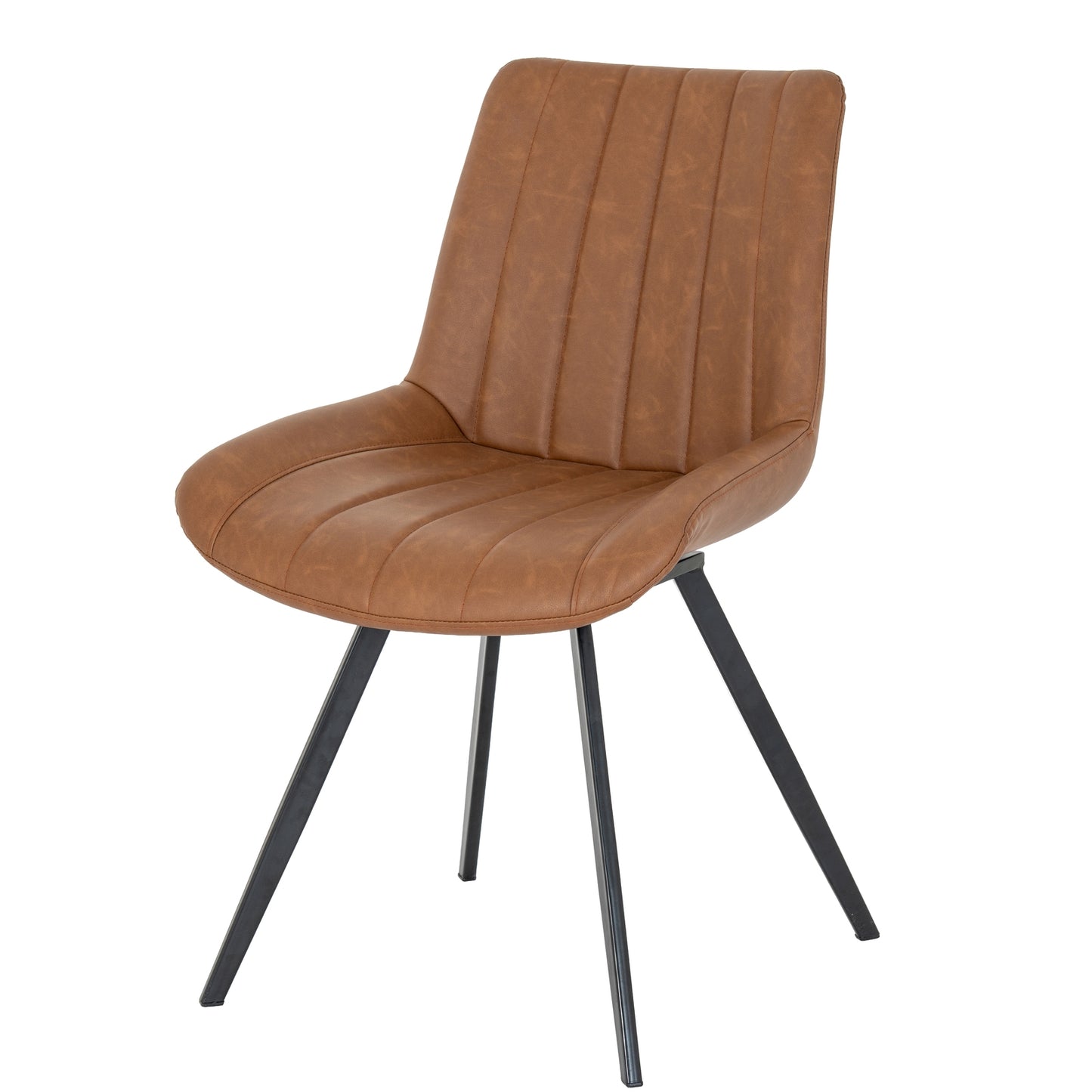 Brown leather chair with black metal legs on a white background
