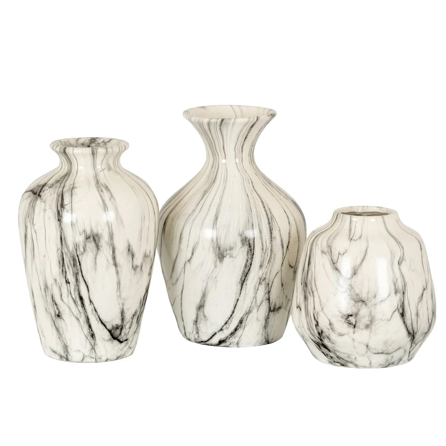 Three marble-patterned vases of different sizes on a white background