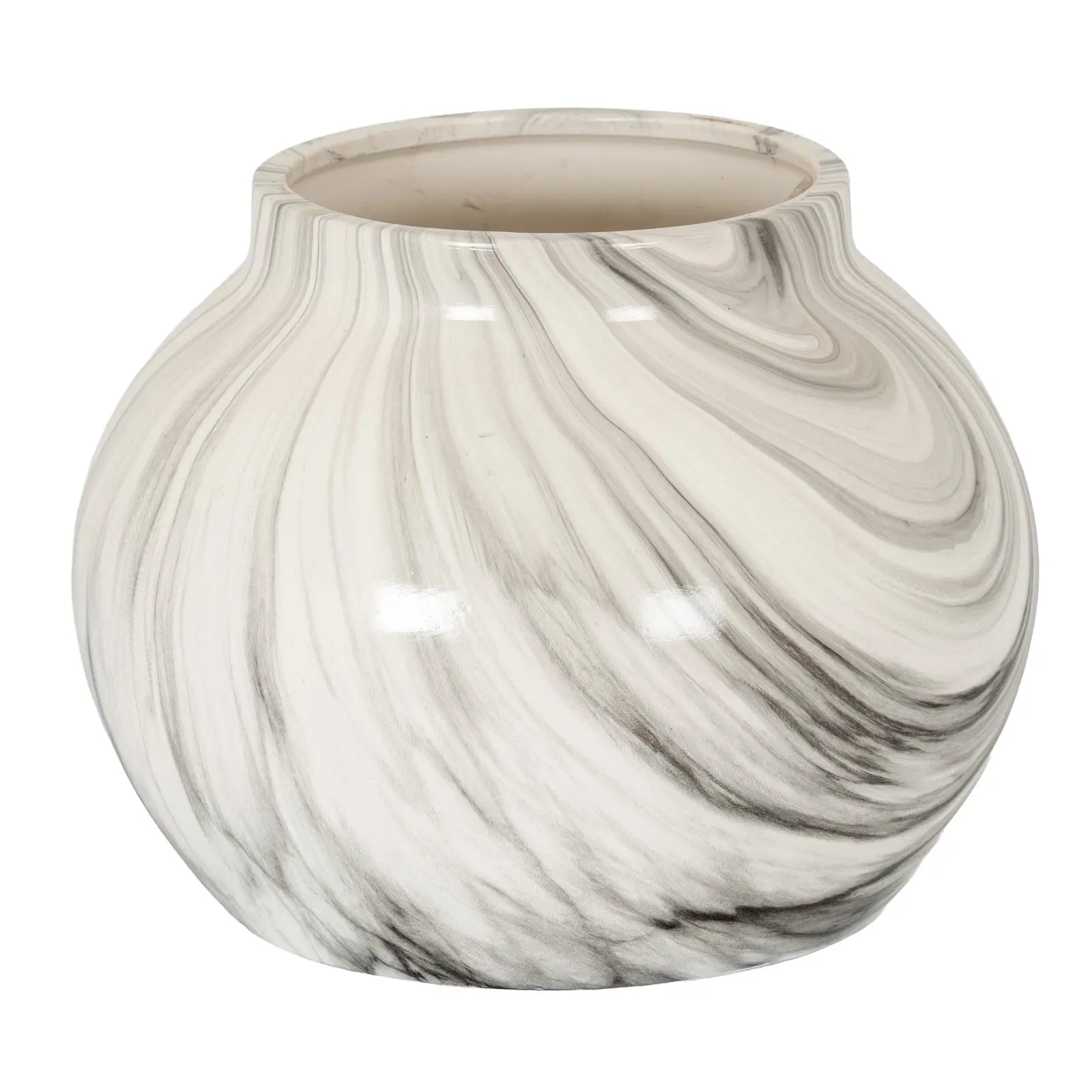 Marble-patterned glass vase on a white background