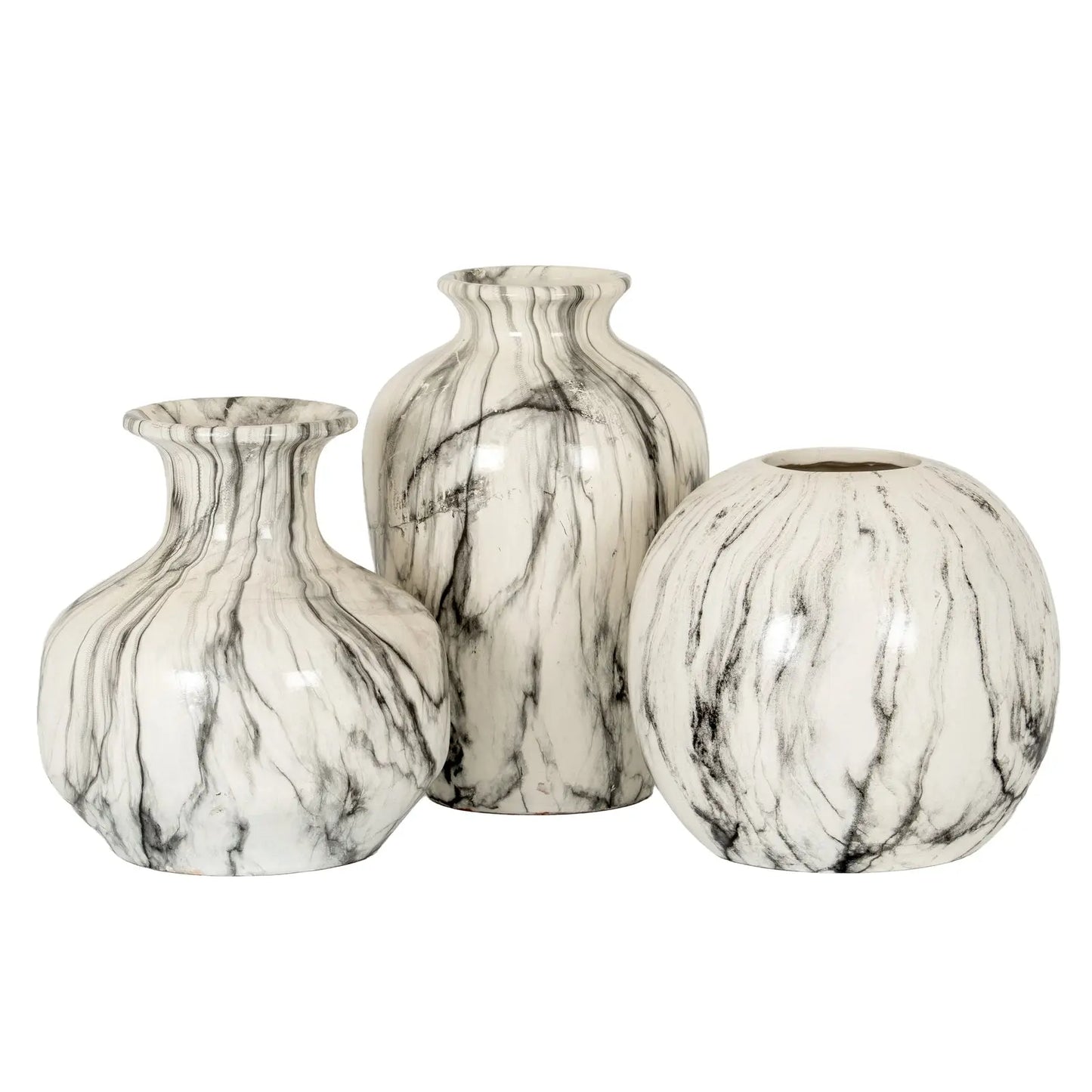 Three marble-patterned vases on a white background