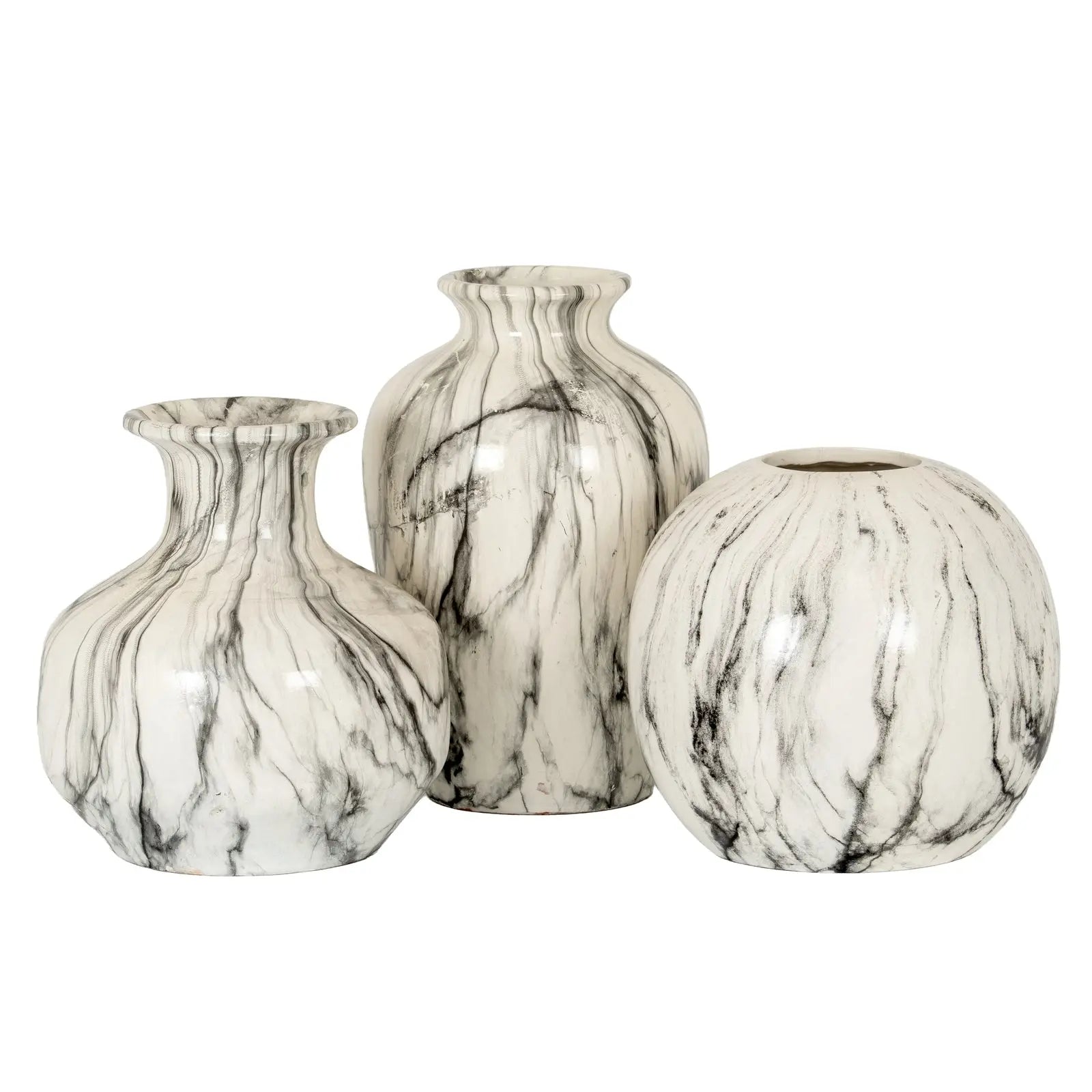 Three marble-patterned vases on a white background