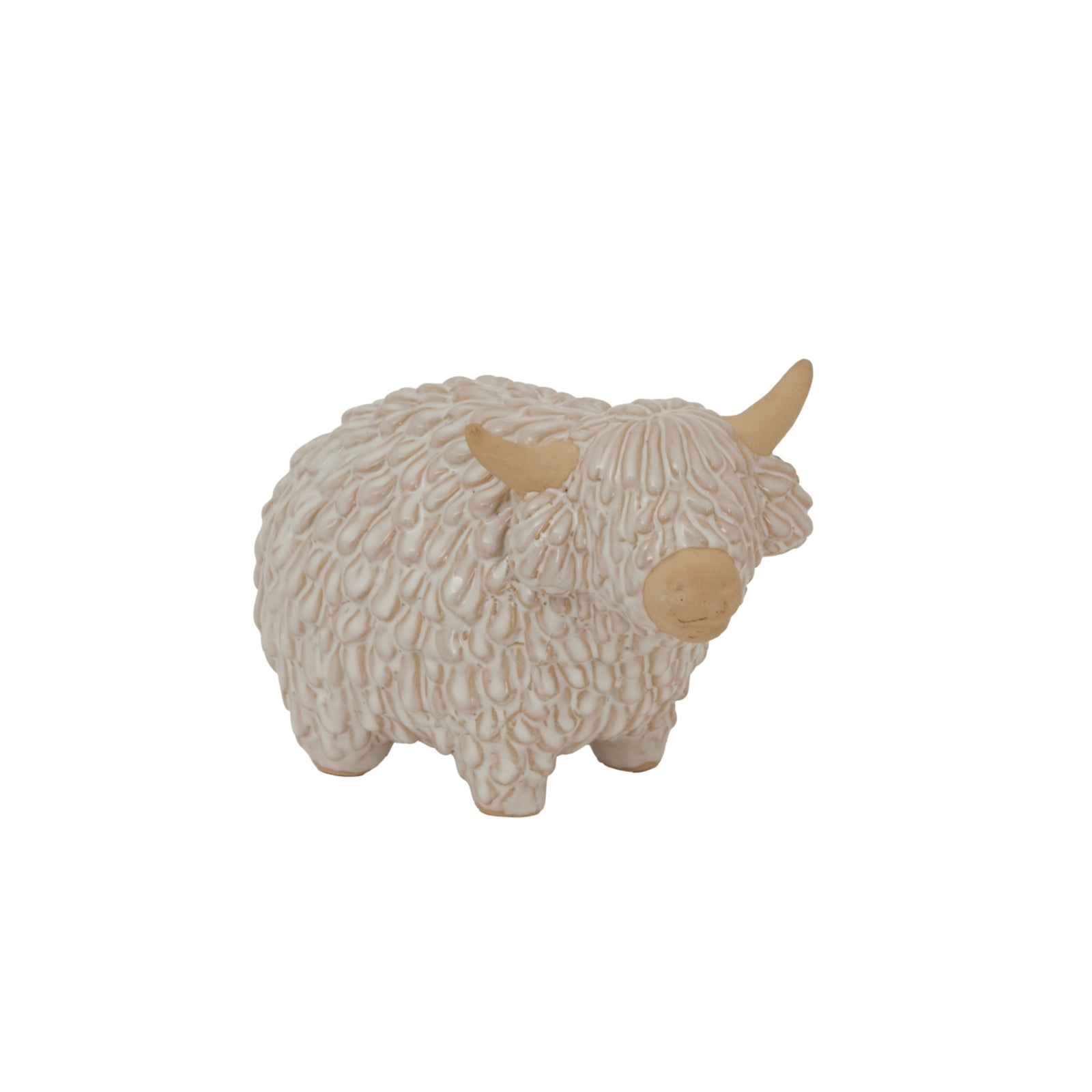 Decorative sheep figurine with beige wool on a white background