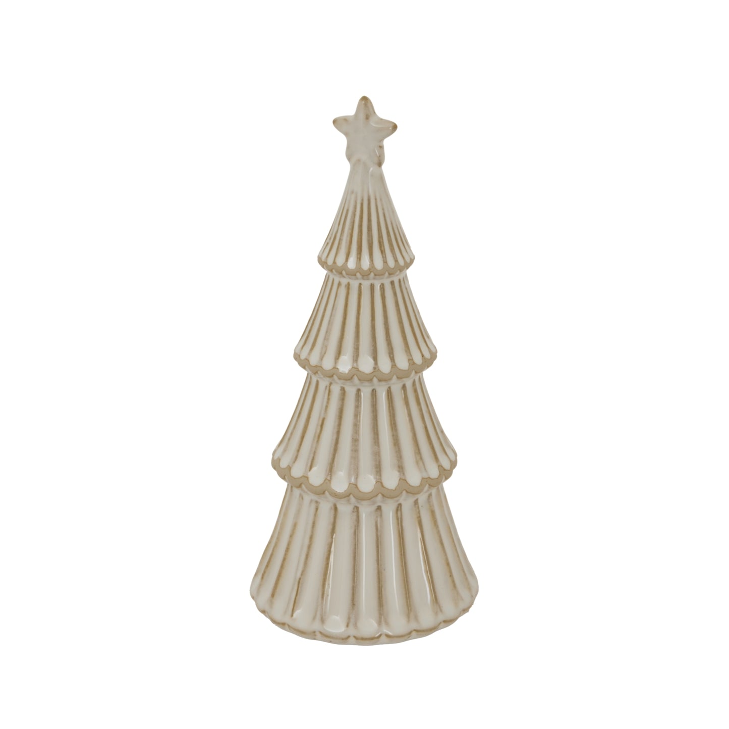 Decorative ceramic Christmas tree with a star on top against a white background