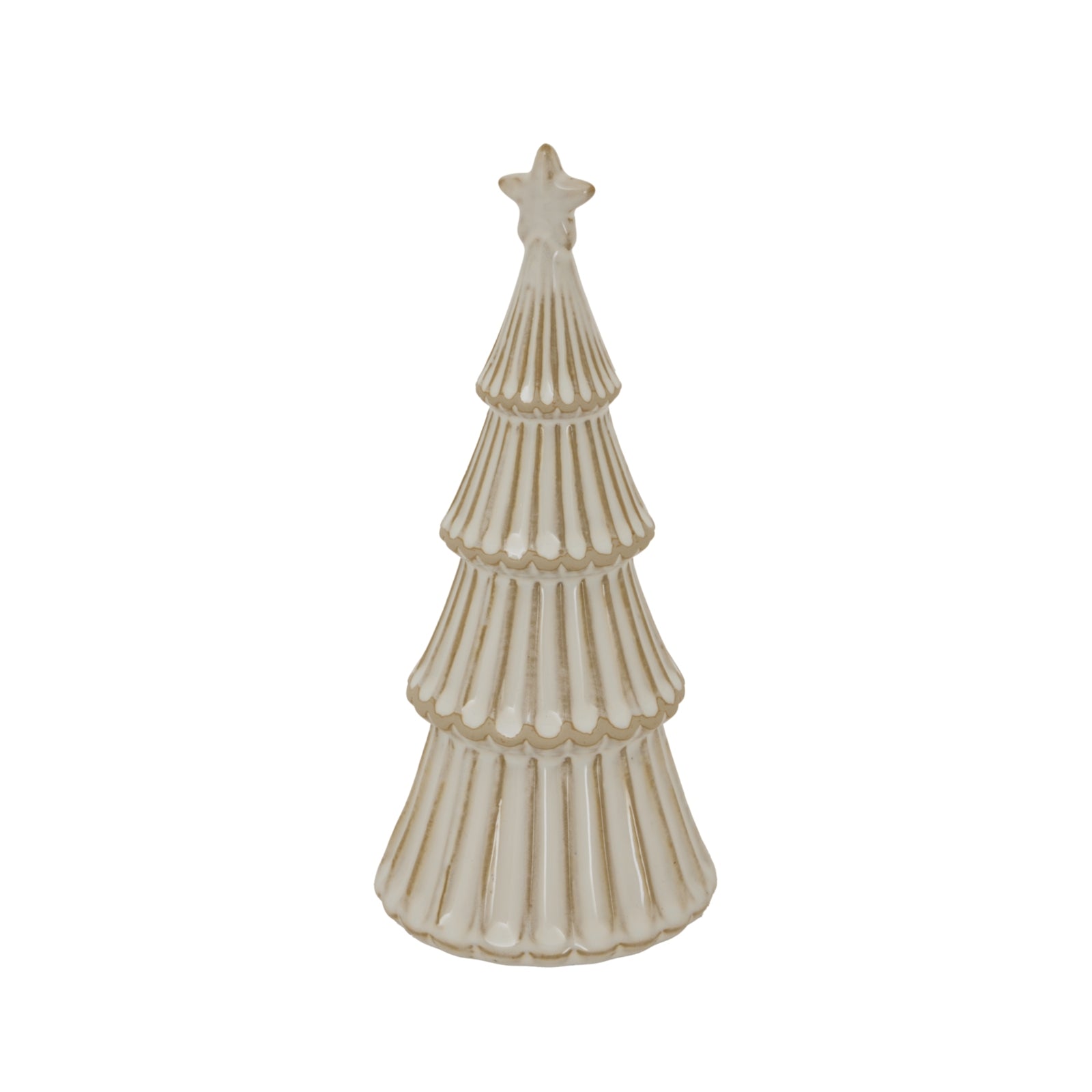 Decorative ceramic Christmas tree with a star on top against a white background
