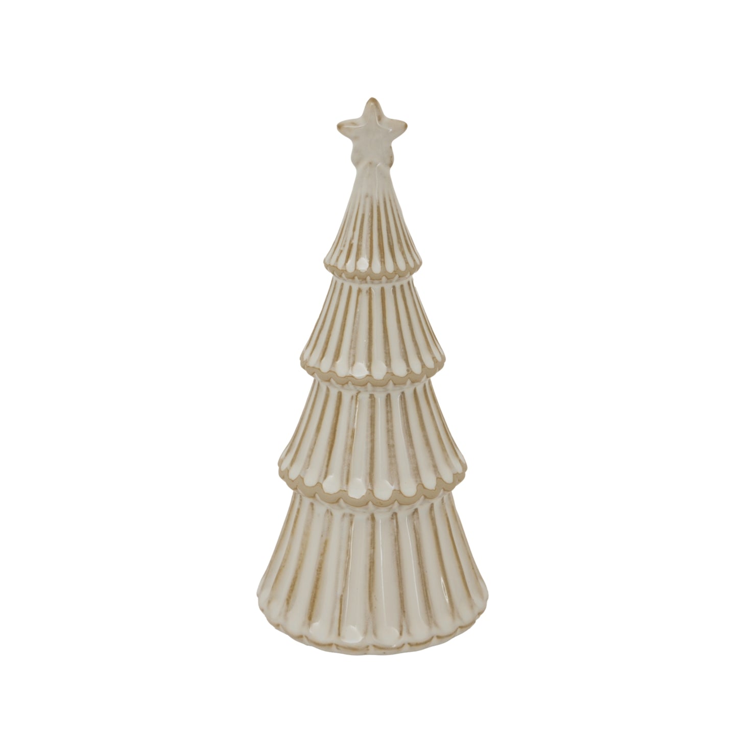 Decorative ceramic Christmas tree with a star on top against a white background