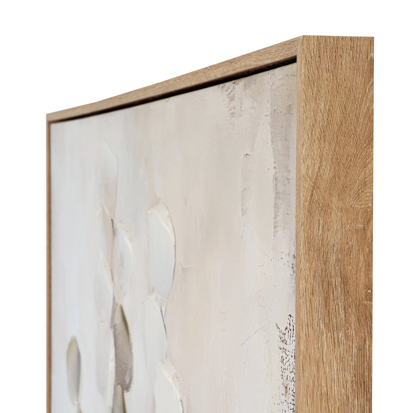 Abstract art piece with a wooden frame on a white background