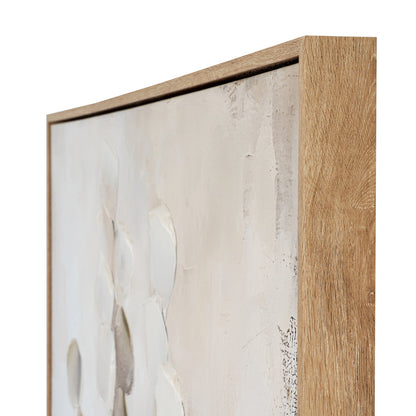 Abstract art piece with a wooden frame on a white background