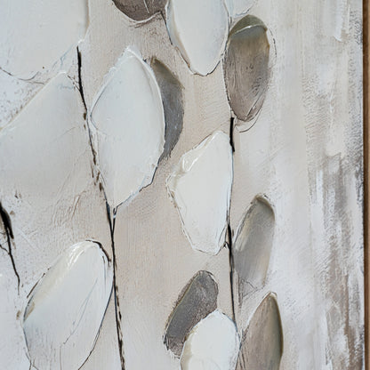 Abstract art piece with geometric shapes in neutral colors on a textured background