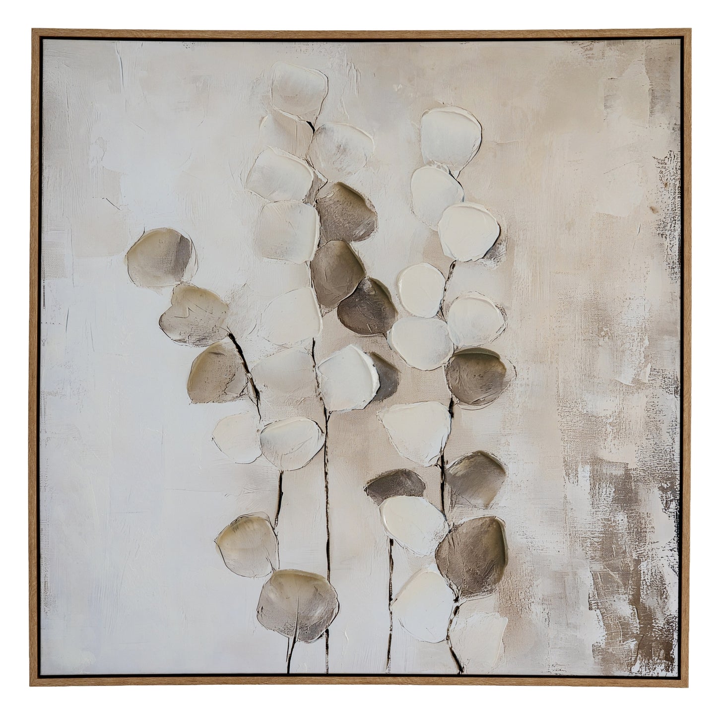 Abstract art piece with leaf-like shapes on a textured background