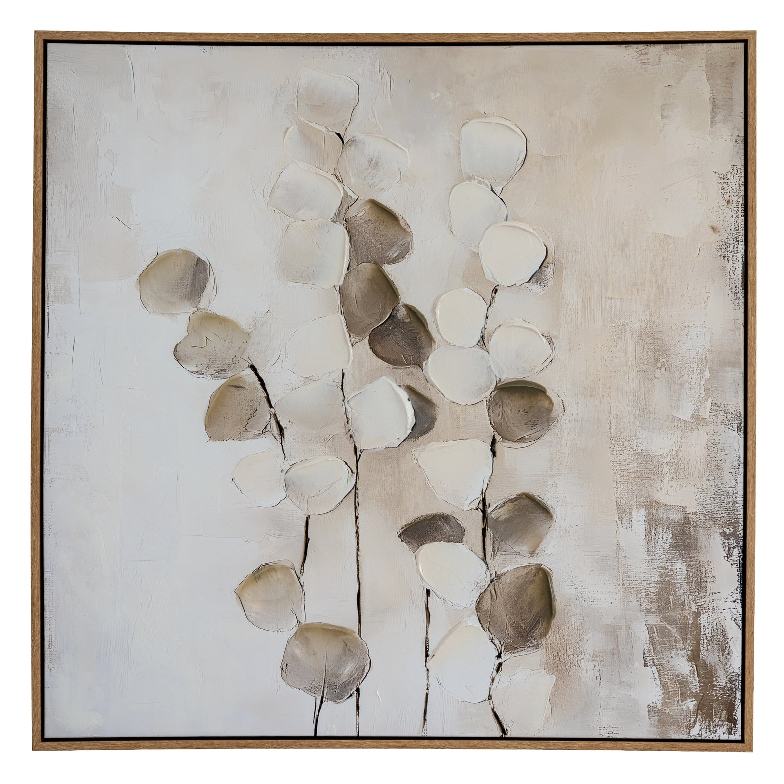 Abstract art piece with leaf-like shapes on a textured background