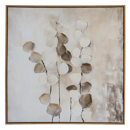 Abstract art piece with leaf-like shapes on a textured background