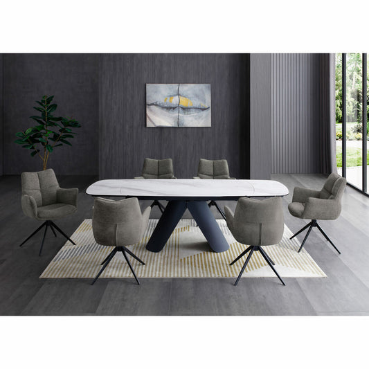 Modern Indus Valley Capri Ceramic Extending Dining Table + 6 Grey Chairs, Seats 6-8
