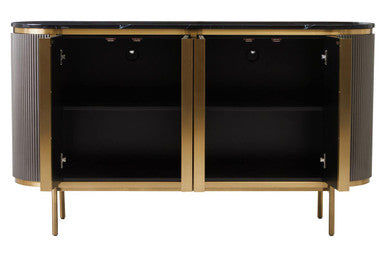 Modern black and gold sideboard with glass panels on a white background