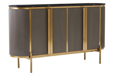 Modern sideboard with ribbed design and gold accents on a white background