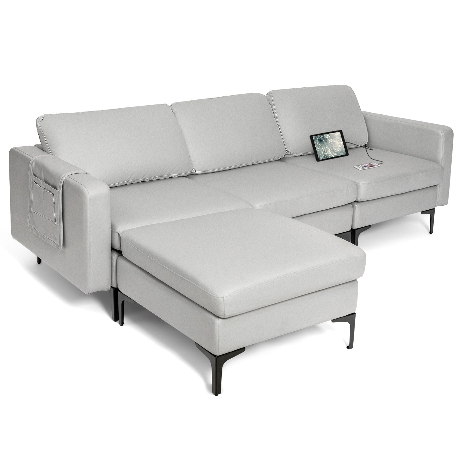 Modern Luxury Modular L-Shaped Sofa with Chaise, Reversible Ottoman, Built-In Socket