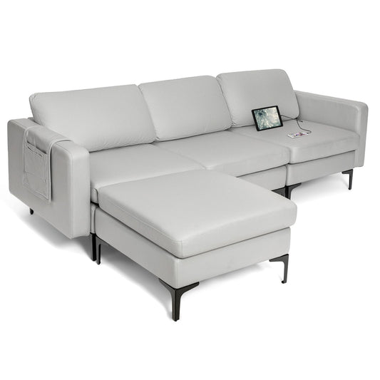 Modern Luxury Modular L-Shaped Sofa with Chaise, Reversible Ottoman, Built-In Socket