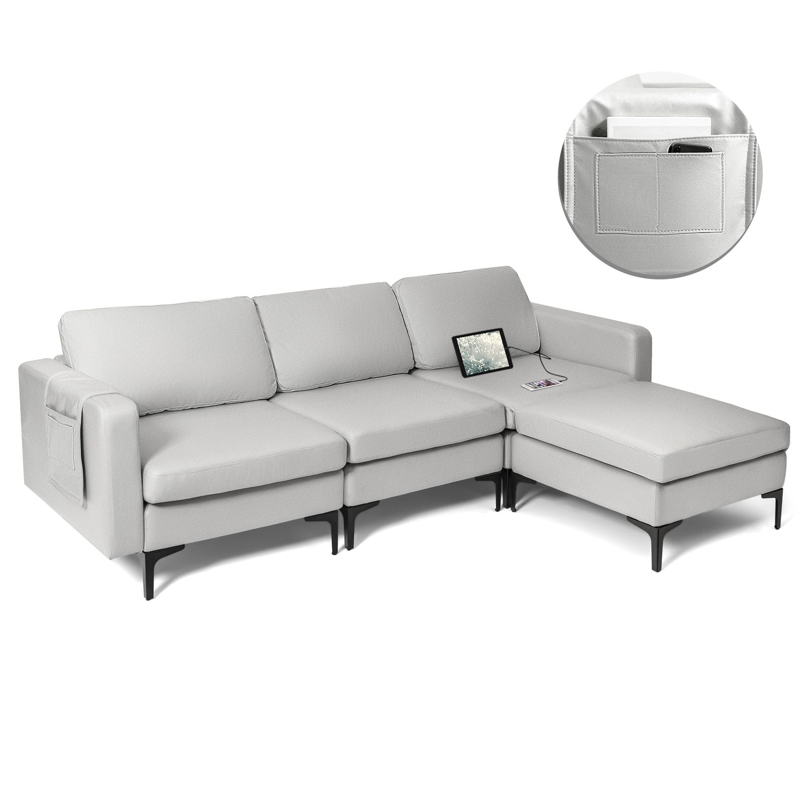 Modern Luxury Modular L-Shaped Sofa with Chaise, Reversible Ottoman, Built-In Socket