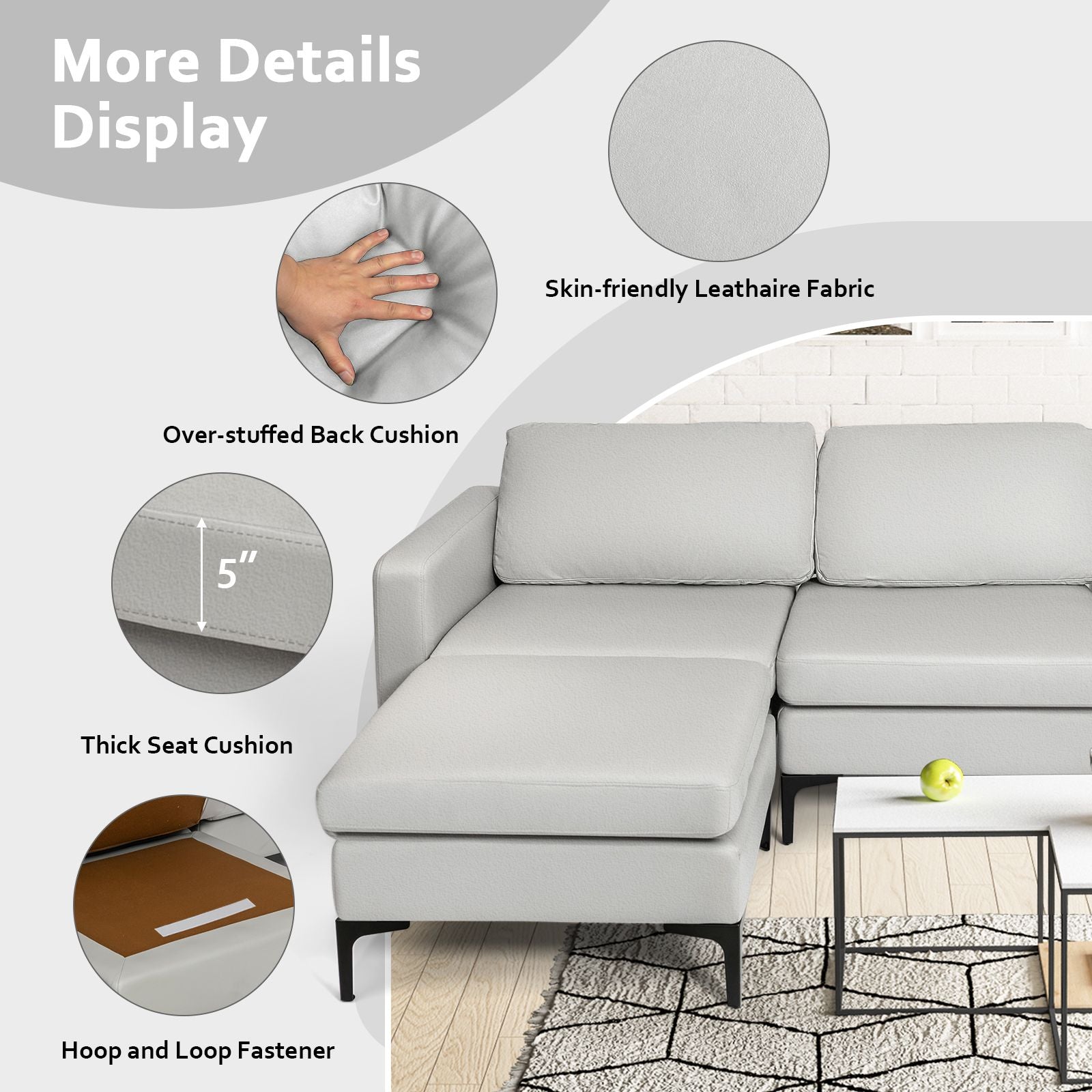 Modern Luxury Modular L-Shaped Sofa with Chaise, Reversible Ottoman, Built-In Socket