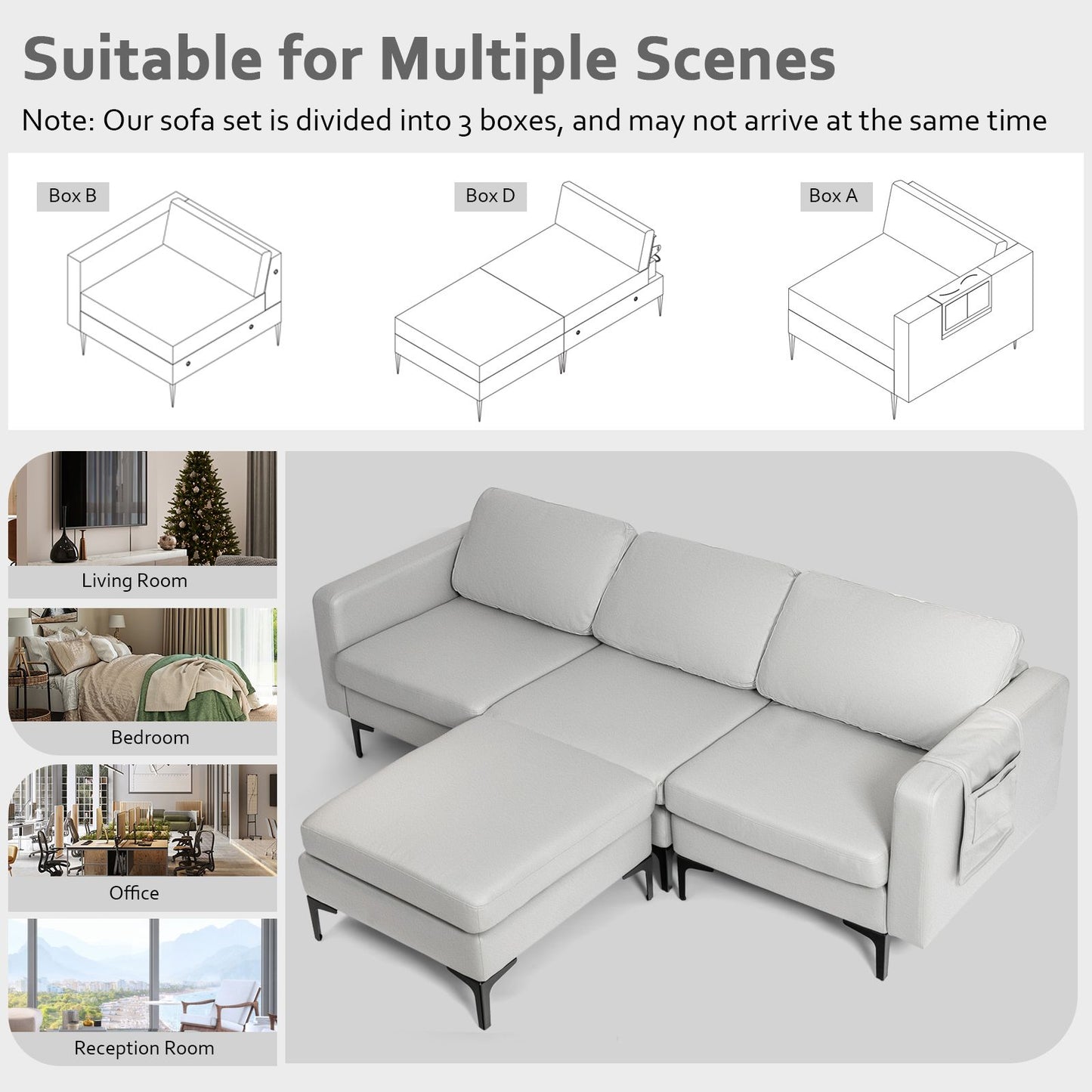 Modern Luxury Modular L-Shaped Sofa with Chaise, Reversible Ottoman, Built-In Socket
